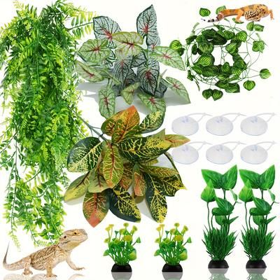 TEMU 14pcs Artificial Reptile Plants & Terrarium Decorations - Lifelike Hanging Leaves For Bearded Dragons, Lizards, Geckos & - Durable Plastic Tank Accessories For Habitat