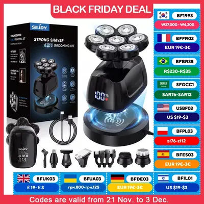 SEJOY 6-in-1 Multifunctional 7D Head Shavers for Bald Men Electric Razor with Nose Hair Trimmer Waterproof Mens Grooming Kit
