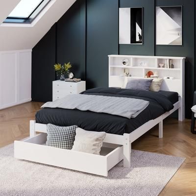 TEMU Btm Uk 4ft6 Single Bed （90*190cm）double (135 X 190 Cm) Bed With Shelves, White Wooden Storage Bed, Underbed Drawer Dusk Bed