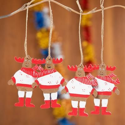 Smiley Moose,'4 Hand-Painted Wood Moose Christmas Ornaments from Bali'