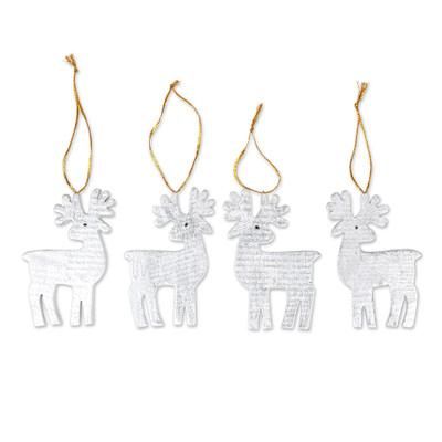 Divine Reindeer,'Set of 4 Silver Albesia Wood Holiday Reindeer Ornaments'
