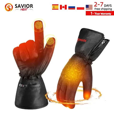 SAVIOR HEAT Leather Heated Gloves Electric Heated Ski Gloves Men Women with Rechargeable Battery