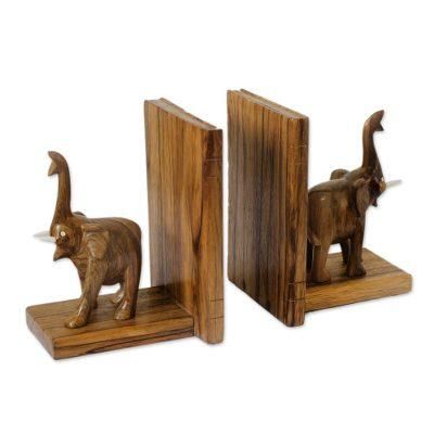 'Good Luck Elephant' (pair) - Hand Carved Wood Bookends from Africa