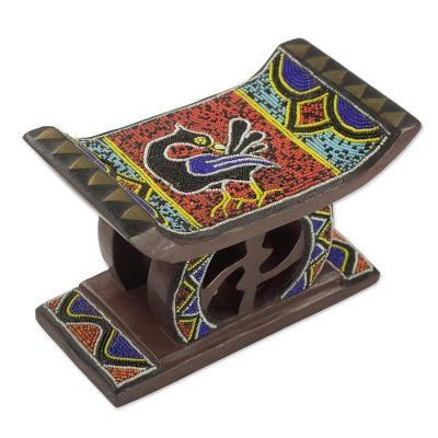 Adinkra Sankofa,'Decorative Beaded Mini African Stool with Adinkra Symbols'