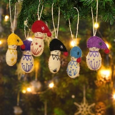 Snow Kids,'Set of 6 Handcrafted Whimsical Colorful Wool Felt Ornaments'