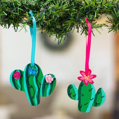 'Pair of Hand-Painted Wood Prickly Pear-Themed Ornaments'