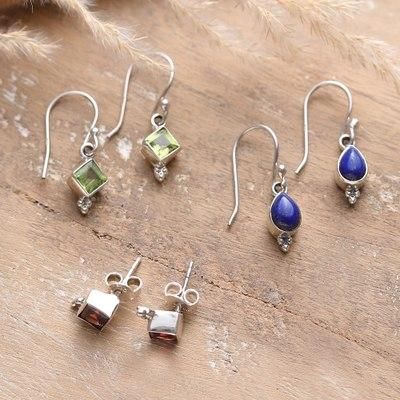 Charming Three,'Set of 3 Peridot, Garnet and Lapis Lazuli Earrings'