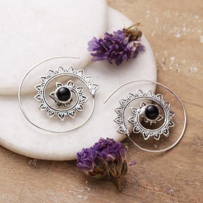 'Handmade Spiral Sterling Silver and Onyx Half-Hoop Earrings'