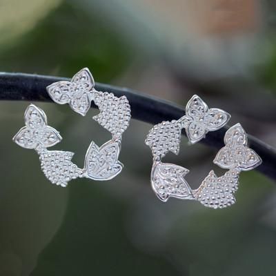Heaven Petals,'Polished Floral and Leafy Sterling Silver Button Earrings'