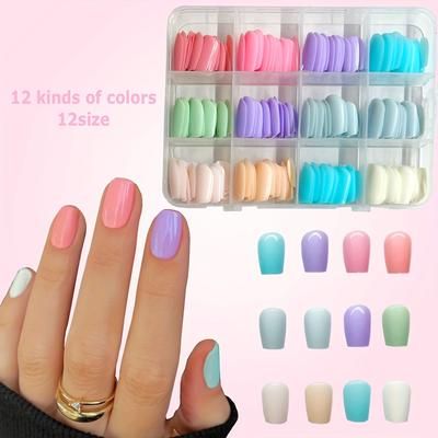 TEMU 288pcs Ultra-thin Press-on Nails Set - 12 Colors, Short Square Shape, - Diy & Salon Use, Hot-selling, Nail Stickers