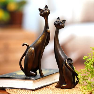 Fanciful Felines,'Set of 2 Golden Cement and Lava Sand Cat Sculptures'