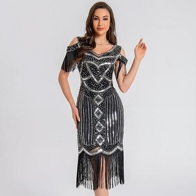 Anni Ruggenti Anni 1920 Lunghezza al ginocchio Lunghezza corta Abito Flapper Costume da festa Spalle scoperte Il grande Gatsby Invitato al matrimonio Paillettes Paillettes Nappa Scollo a V Costume