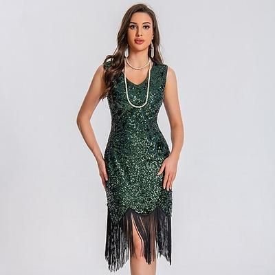 Anni Ruggenti Anni 1920 Lunghezza al ginocchio Abito Flapper Costume da festa Senza maniche Il grande Gatsby Invitato al matrimonio Paillettes Frangia con nappe Paillettes Nappa Scollo a V Costume