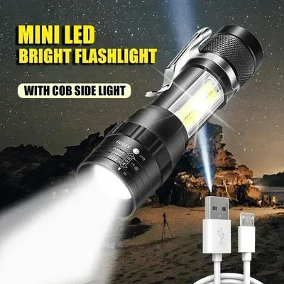 USB Rechargeable Mini Flashlight COB+XPE Portable Built-in Battery Zoomable Small Torch 3 Mode Camping Emergency Flashlights