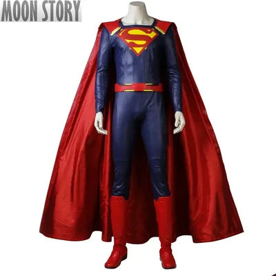 Supergirl Season 2 Super Clark Kent Cosplay Costume Adult Man Blue Battle Suit Red Cloak Full Set With Shoes Halloween Carnival