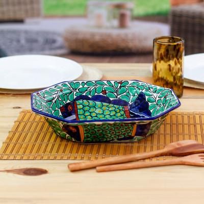 'Talavera Style Hand-Painted Fish-Themed Ceramic Serving Bowl'