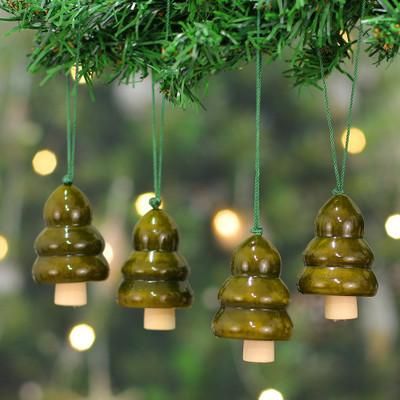 Green Jingle,'Set of 4 Green Pala Indigo Wood Channapatna Tree Ornaments'