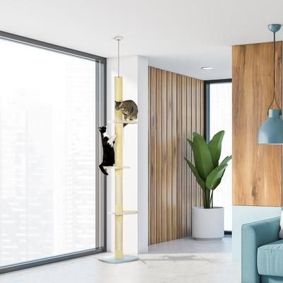 TEMU 260cm Floor To Ceiling Cat Tree, Height Adjustable Kitten Tower With Anti-slip Kit, Activity Centre W/fish-shaped Perches Scratching Post Ball Toy - Yellow
