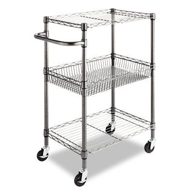 Alera SW342416BA Three-Tier Wire Cart with Basket, 28w x 16d x 39h, Black Anthracite