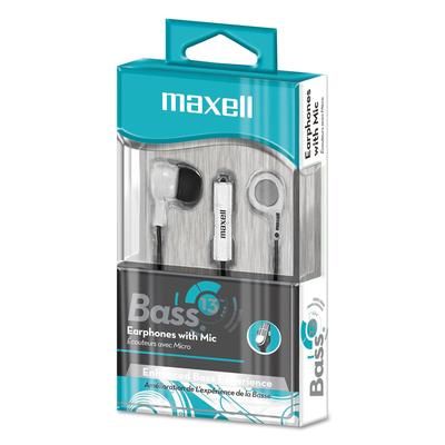 Maxell 199725 B-13 Bass Earbuds with Microphone, White, 52" Cord MAX199725