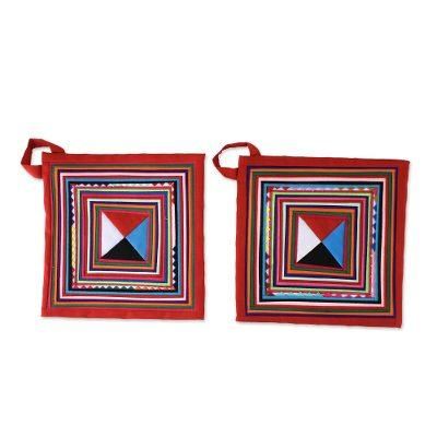 Lahu Cooking in Red,'Pair of Handmade Cotton Blend Trivets from Thailand'