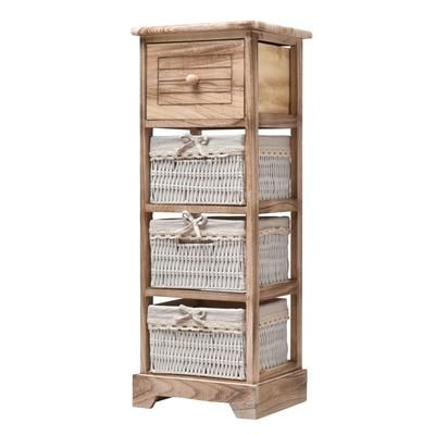 Cassettiera stretta con 4 cassetti in legno e vimini bianco e marrone