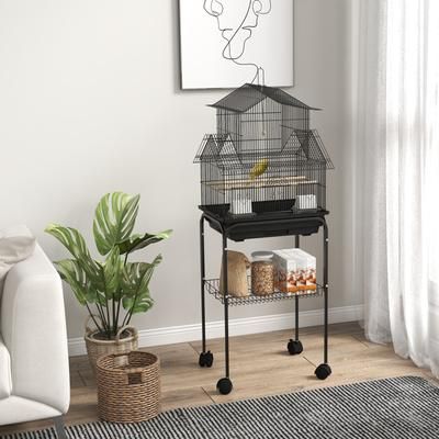 TEMU Metal Bird Cage With Plastic Swing, Perch, Food Container, Tray, Handle, Wheels, Storage Shelf For Finch, Canary Budgie, 50.5 X 41 X 121cm - Black
