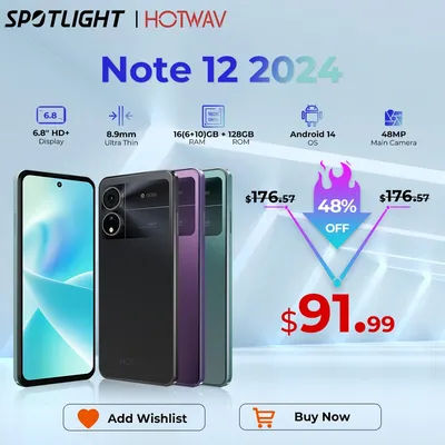 HOTWAV Note 12 2024 Smartphone 6.8'' Large Display Android 14 OS 16(6+10)GB 128GB Mobile Phone 48MP 5160mAh Ultra-Thin Cellphone