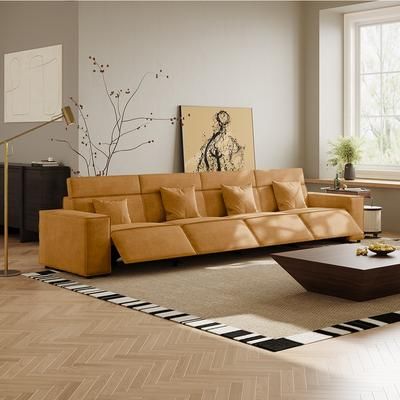 145.28"Minimalist Power Reclining Sofa, 4 Recliners, Anti-scratch Fabric, Living Room, Orange