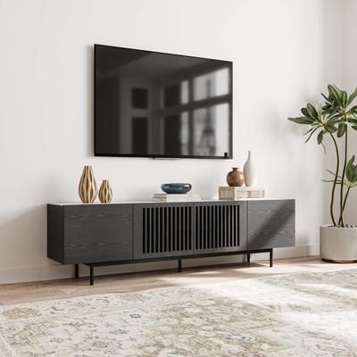 Mid-Century Modern TV Stand with Sintered Stone, Minimalist Wood Media Console with Slatted Cabinet, Tall-Cast Metal Legs, Black Veneer, 78.74"