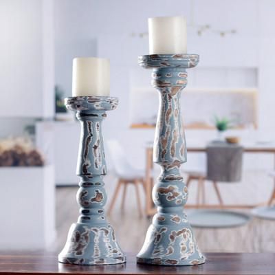 Blue Flames,'Set of 2 Distressed Blue Mango Wood Candle Holders'
