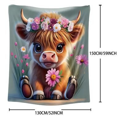 TEMU Cozy Highland Cow & Wreath Print Flannel Throw Blanket - Soft, Warm For Couch, Bed, Office, Camping, Plush Blanket