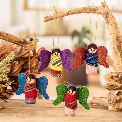 'Handmade Angel-Themed Wood and Cotton Ornaments (Set of 4)'