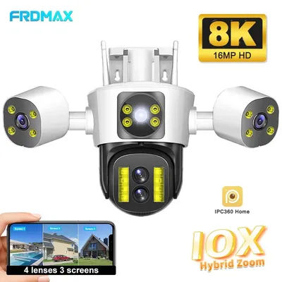 8K 16MP WiFi IP Camera 10X Zoom Four Lens Three Screens Outdoor CCTV Video Surveillance Ai Tracking 8MP PTZ Home Security Camera