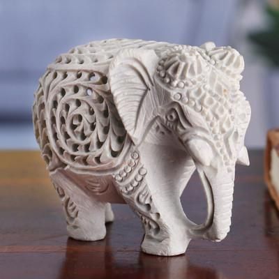 'Traditional Jali-Themed Soapstone Royal Elephant Sculpture'
