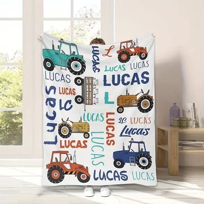 TEMU [customization] 1pc Truck Customized Name Blanket, Suitable For Sofa, Bed, Travel, Camping, Living Room, Office - Machine Washable, All Season , Hypoallergenic, Knitted 100% Polyester Fabric