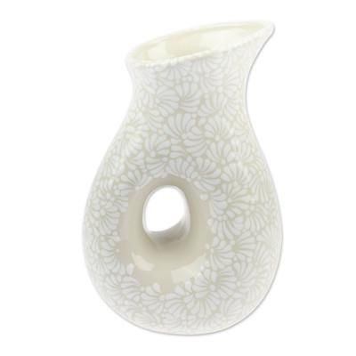 Idyllic Spring,'Handcrafted Floral Beige and Ivory Ceramic Pitcher'