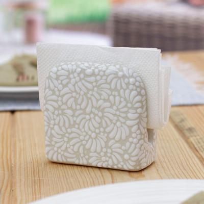 Paradisiac Spring,'Handcrafted Floral Beige and Ivory Ceramic Napkin Holder'