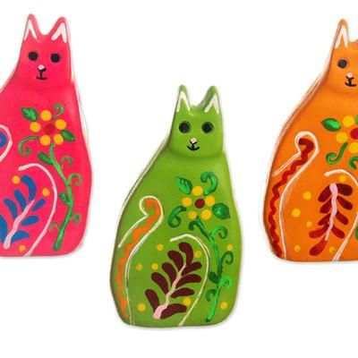 Guardian Kitten,'Vibrant Floral Ceramic Cat Statuette from Peru'