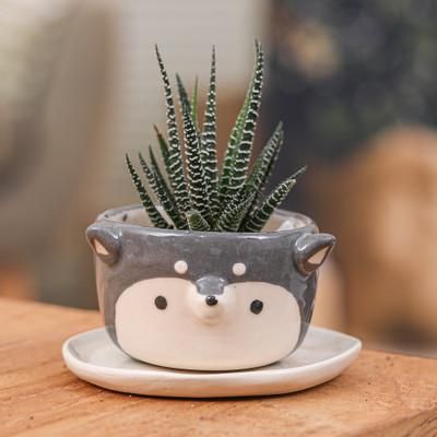 'Thai Husky Dog-Themed Mini Flower Pot and Saucer (Small)'