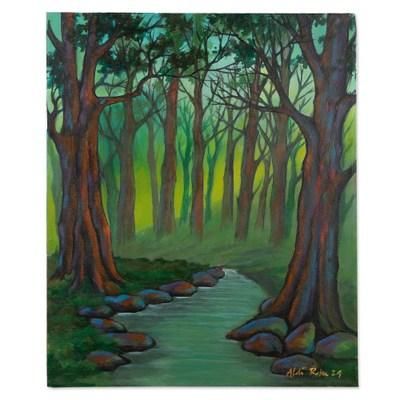 'Inspirational Teak Forest-Themed Acrylic on Canvas Painting'