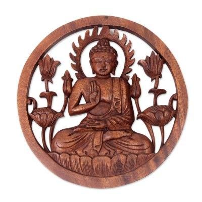 Blessing Buddha,'Carved Wood Relief Panel of Buddha with Brown Finish'