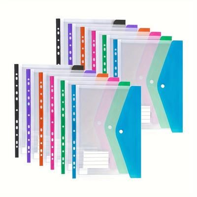 TEMU 12pcs Pvc Punch Pockets Clear Plastic Folders For Binders, Snap Closure, 11-hole Sheet Protector Document Sleeves