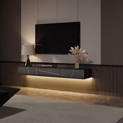 70.87"Modern Matte Sintered Stone Floating TV Stand with LED Lights,Black Wall-Mounted TV Console with Drawers with Adjustable Light