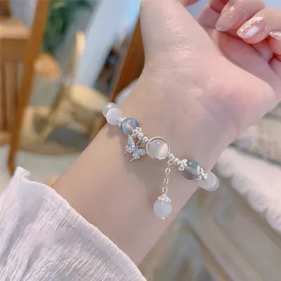 2 Pcs Zircon Cat's Eye Stone Butterfly Beaded New in Bracelets Women Charm Elastic Bracelet Temperament Fashion Jewelry Sets K