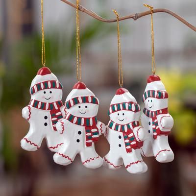 'Set of Four Classic Snowman-Themed Albesia Wood Ornaments'