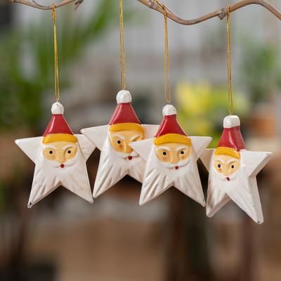 'Painted Set of 4 Star-Shaped Albesia Wood Santa Ornaments'