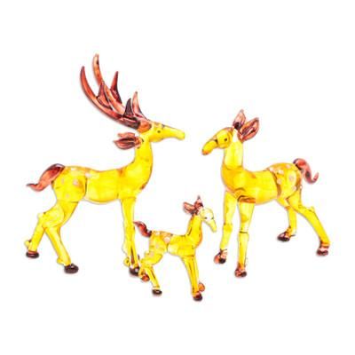 Deer Lineage,'Set of 3 Handblown Glass Deer Figurines in Yellow and Brown'