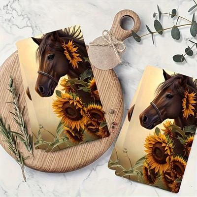 TEMU 2pcs Sunflower And Horse Kitchen Towels - Farmhouse Style Theme Towels, Bathroom Towels, Holiday Gifts, Housewarming Gifts 18*26in