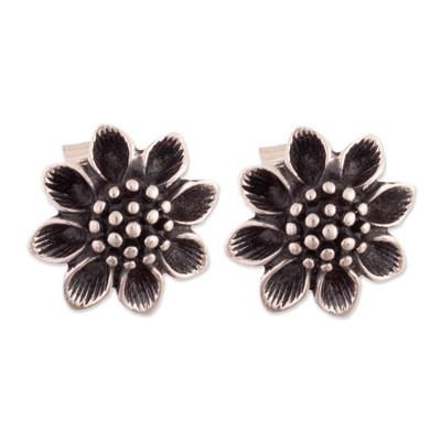 'Sunflower-Shaped Oxidized Sterling Silver Button Earrings'